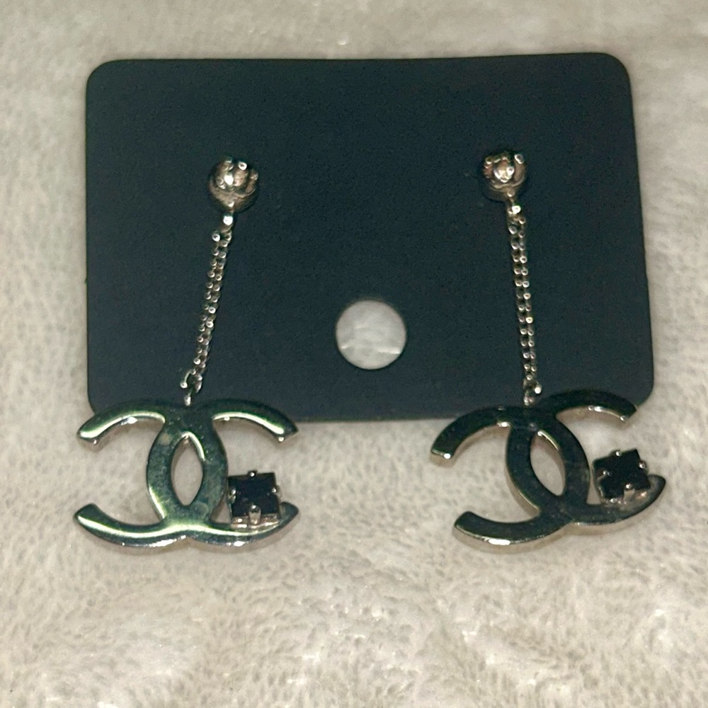 Vintage Chanel Silver and Black Logo Earrings (2009)